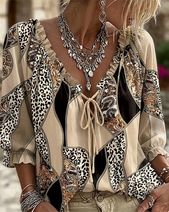 Bluse V-Ausschnitt Leopard Puffärmel Binden