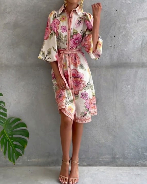 Lampenärmel Kleid mit Reverskragen und Print