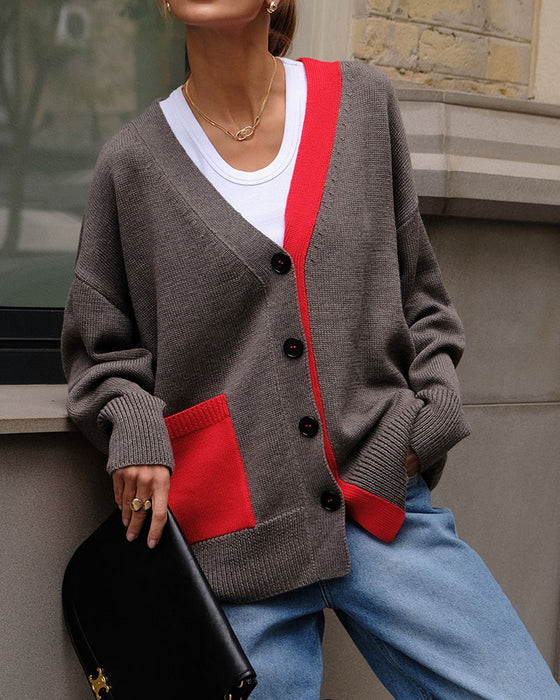 Strickjacke Kontrast V-Ausschnitt Knopf
