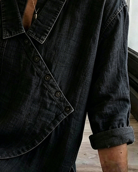 Bluse Einfarbig Diagonaler Knopf Revers Langarm