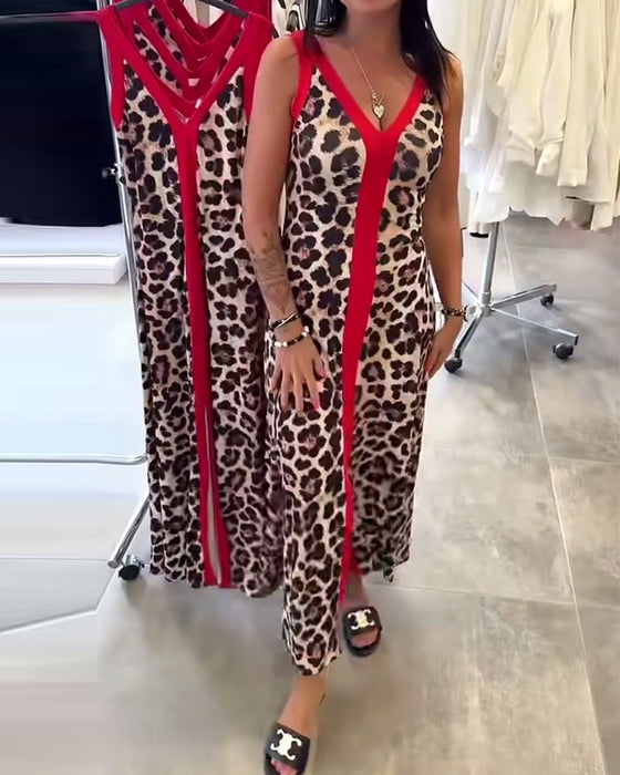 Kleid ärmellos elegant Leopardenmuster Kontrast