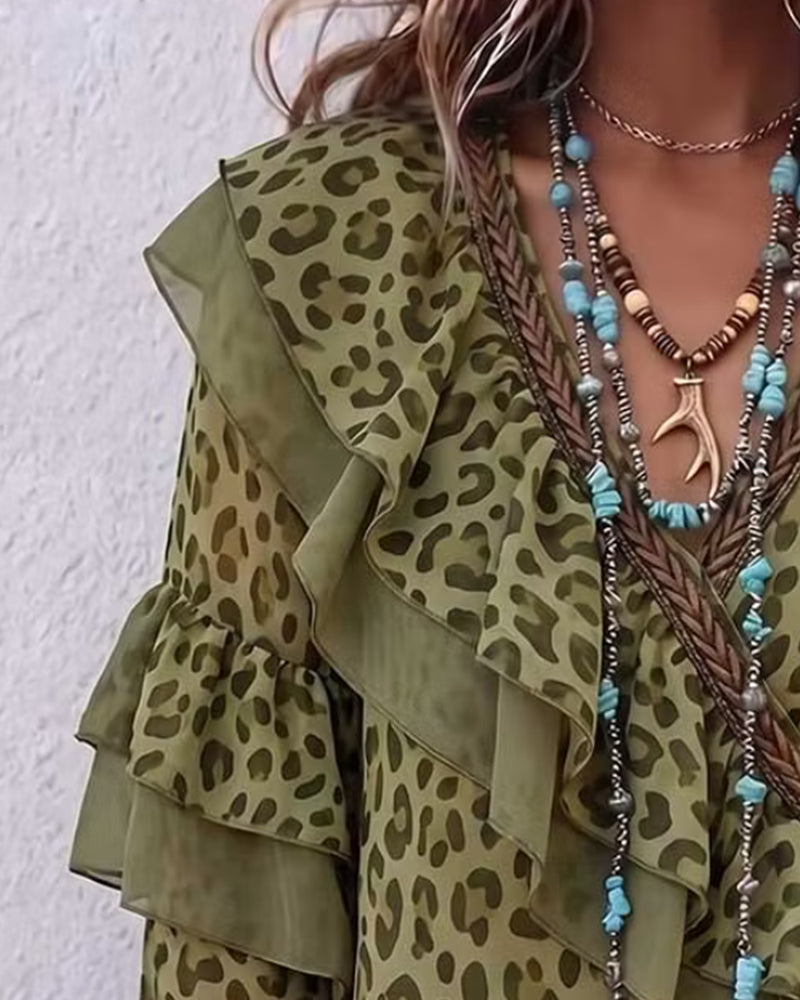 Bluse V-Ausschnitt Rüsche Leopard