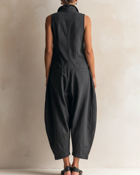 Jumpsuit Revers Ärmellos Tasche Cargo