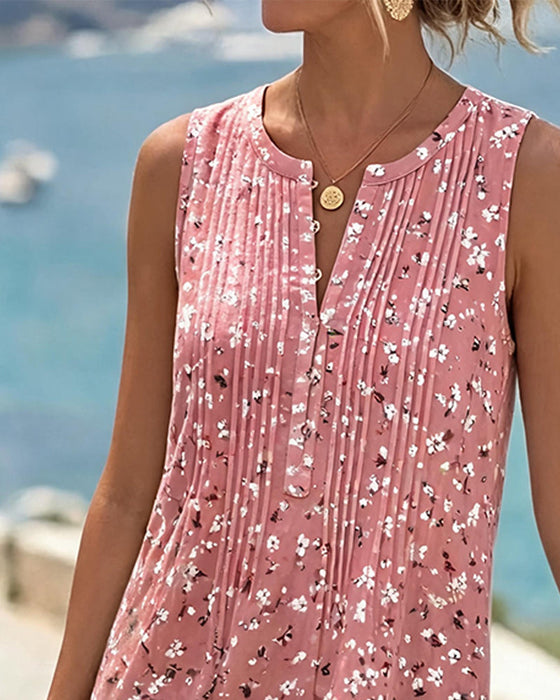 Kleid Rundhals Ärmellos Blumig Plissiert