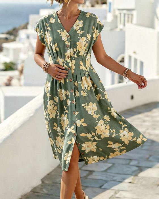 Kleid V-Ausschnitt Print Tailliert Knopfleiste