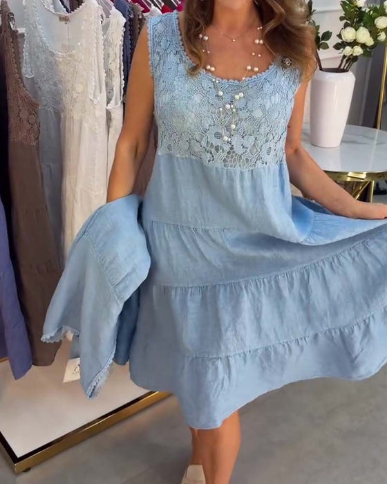 Kleid Rundhals Ärmellos Spitze Lagen