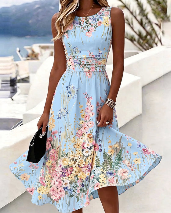 Kleid Ärmellos Blumenprint Taillenbetonend