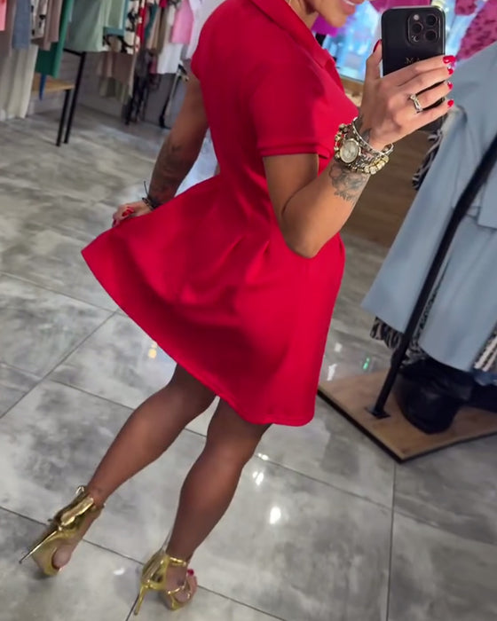 Kleid Revers Kurzarm Plissiert A-Linie
