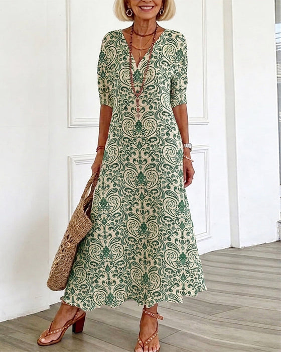 Kleid Vintage Blumenmuster V-Ausschnitt Maxi
