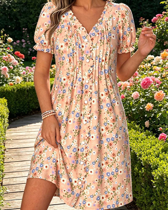 Kleid Blumen V-Ausschnitt Puffärmel Gerafft