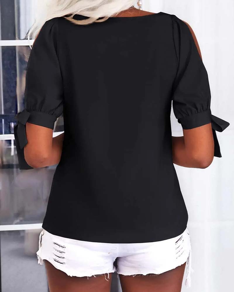 Bluse V-Ausschnitt Cold Shoulder Schleife Einfarbig