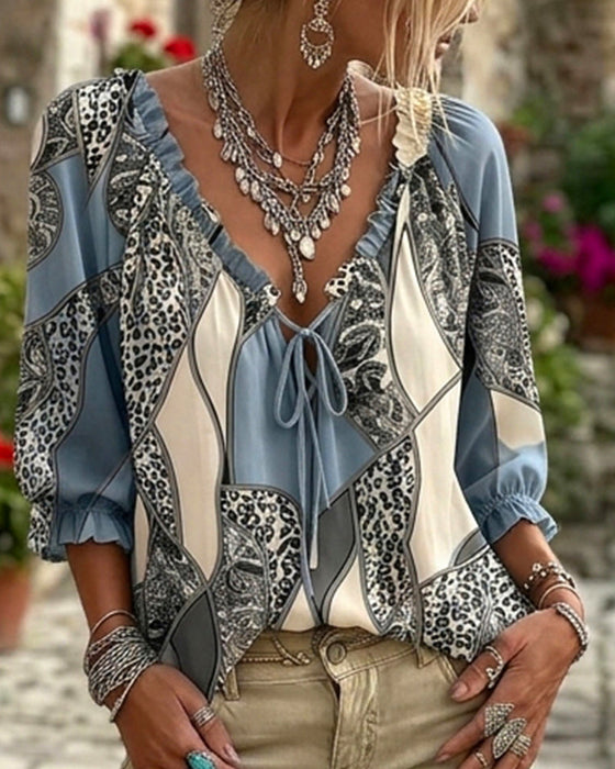 Bluse V-Ausschnitt Leopard Puffärmel Binden