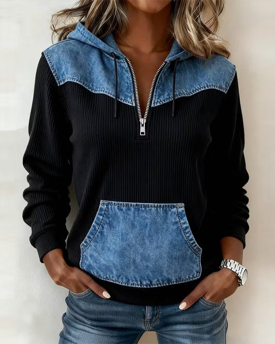 Kapuzenpullover Reißverschluss Denim Patchwork