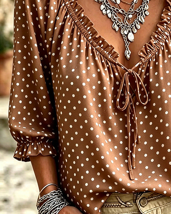 Bluse V-Ausschnitt Rüsche Polka Dot Bindung