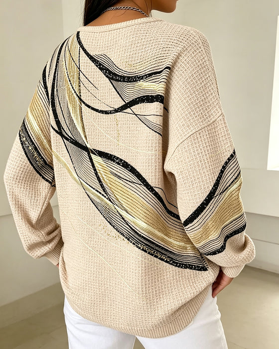 Sweatshirt Rund-Hals Knopf-Leiste Gestreift