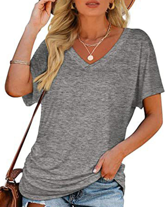 T-Shirt Plissiert Einfarbig V-Ausschnitt