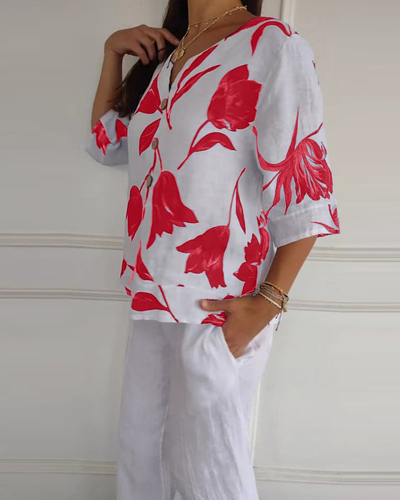 Button-Down-Oberteil aus Baumwolle und Leinen mit Blumendruck