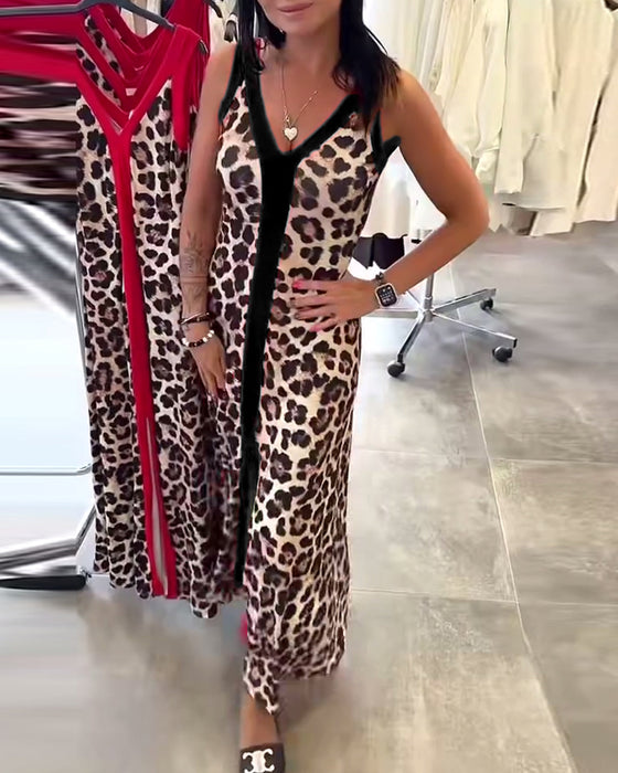Kleid ärmellos elegant Leopardenmuster Kontrast