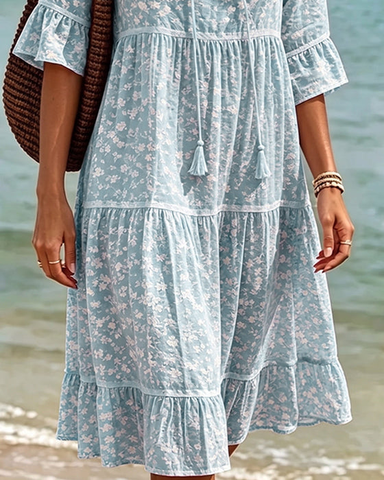 Kleid Binden V-Ausschnitt Rüsche Blumig A-Linie
