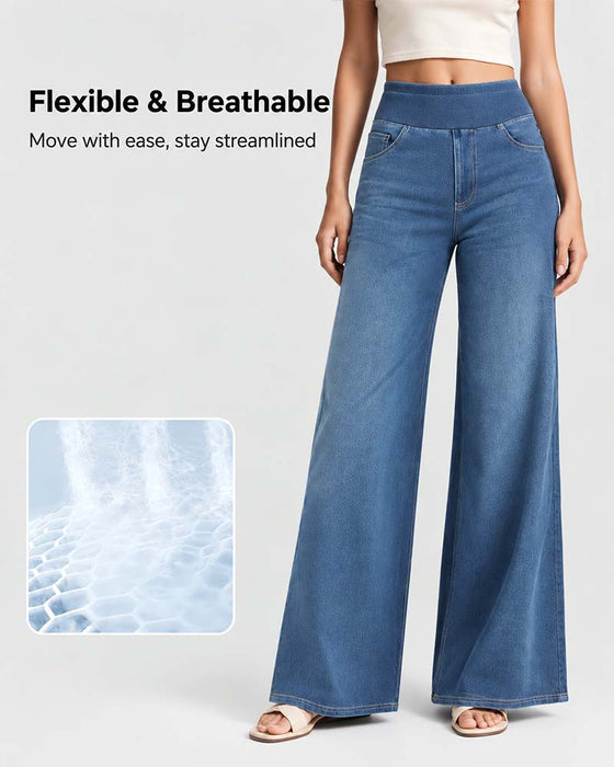 Hose Elastische Taille Denim Weites Bein