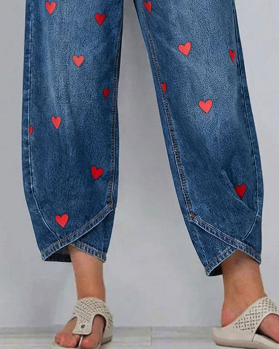 Hose Herz Druck Denim Knöchel