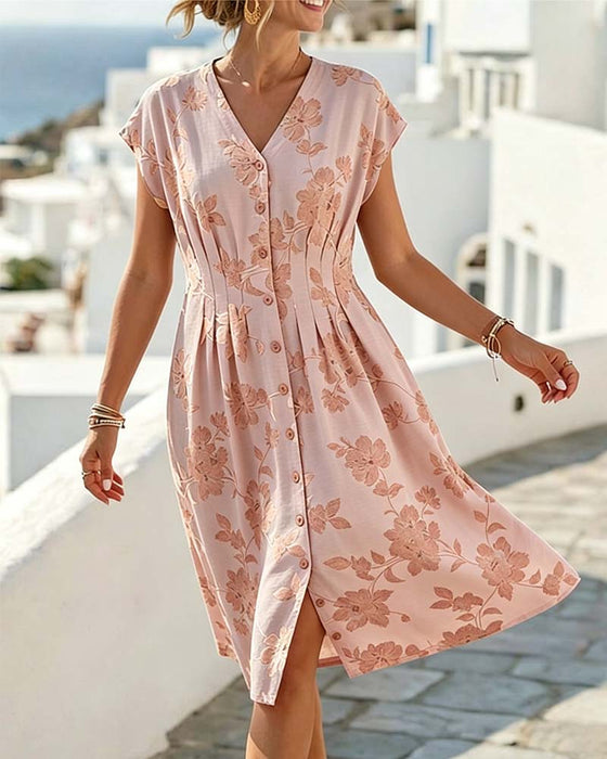 Kleid V-Ausschnitt Print Tailliert Knopfleiste
