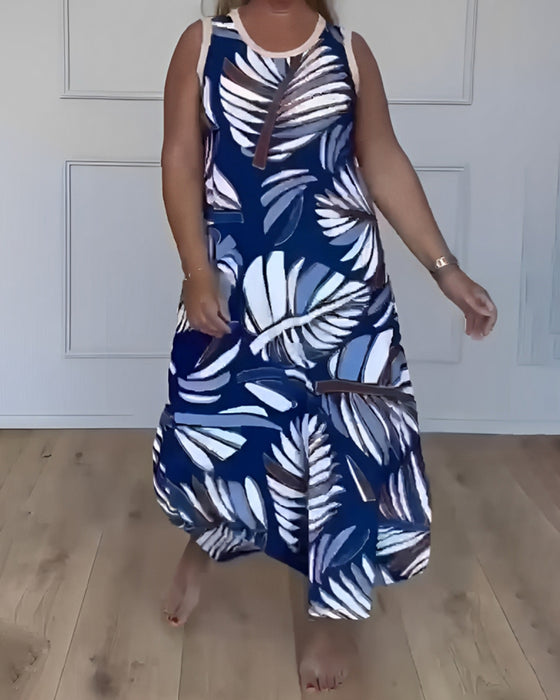 Kleid ärmellos Blattdruck Maxi
