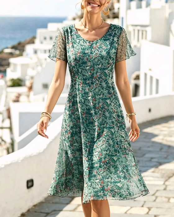 Kleid Blumig Kurzarm A-Linie