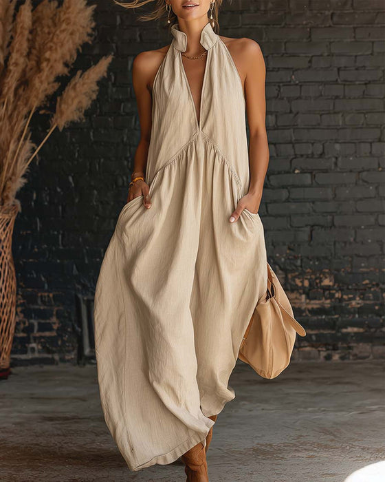 Kleid 100% Baumwolle Ärmellos Stehkragen Unifarben Maxi