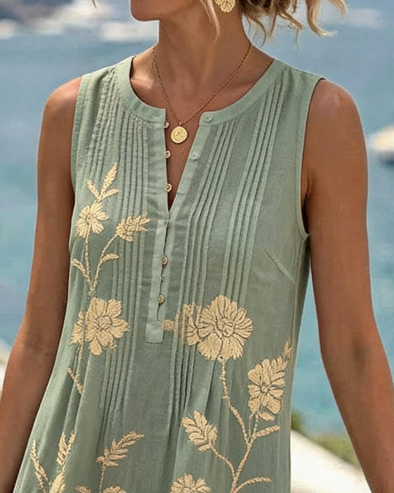 Kleid Rundhals Ärmellos Knopf Plissiert Druck