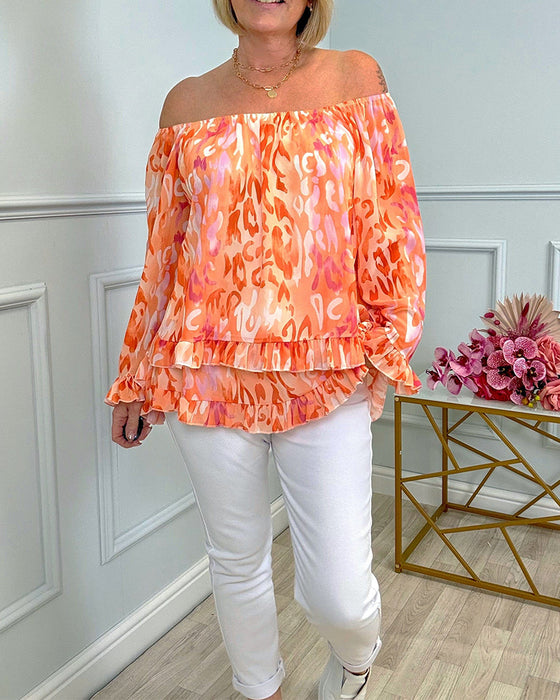 Bluse mit langen Ärmeln und weitem Kragen bedruckt