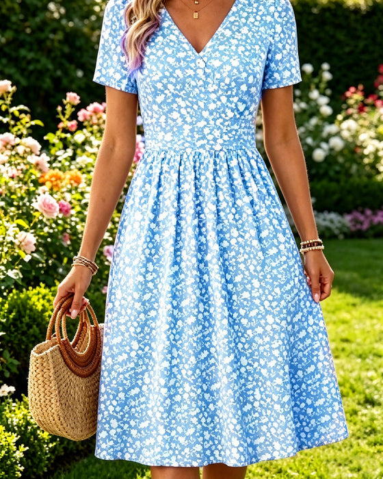 Kleid V-Ausschnitt Kurzarm Kleine Blumen