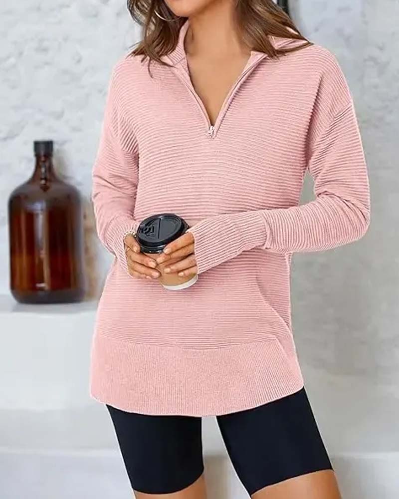 Gestreifter Langarm-Sweatshirt Mit Kragen Und Reißverschluss