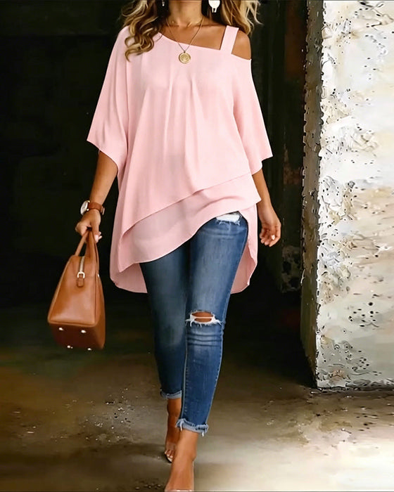 Bluse Asymmetrisch Cold Shoulder Einfarbig Lässig