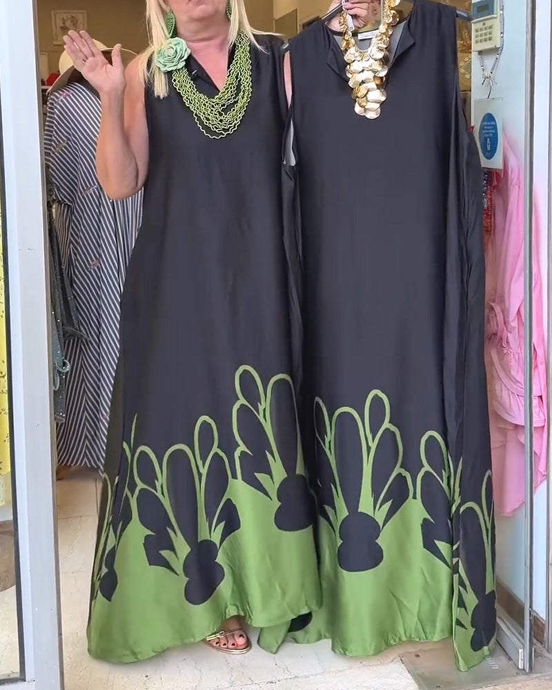 Kleid Revers Ärmellos Farbblock Voll-Rock