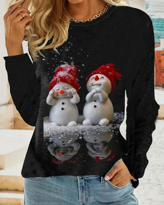 Lässiges Langarmshirt mit Rundhalsausschnitt und Schneemann-Print