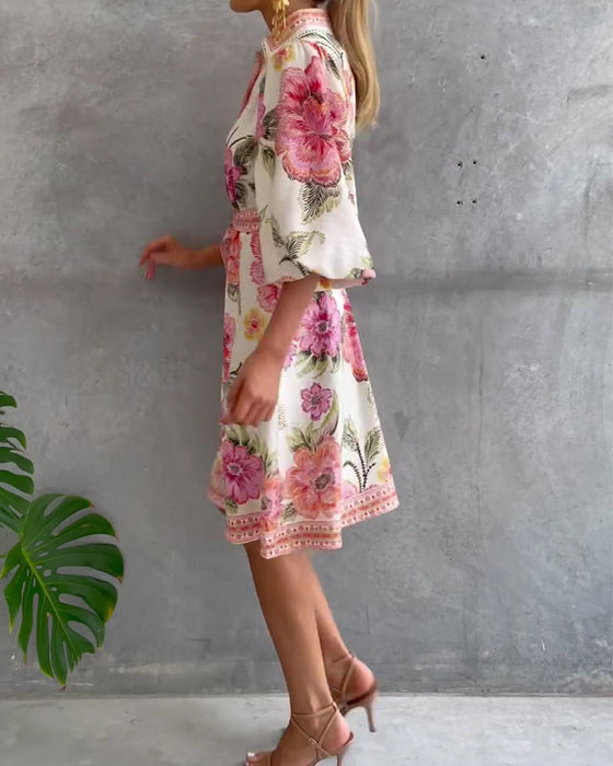 Lampenärmel Kleid mit Reverskragen und Print