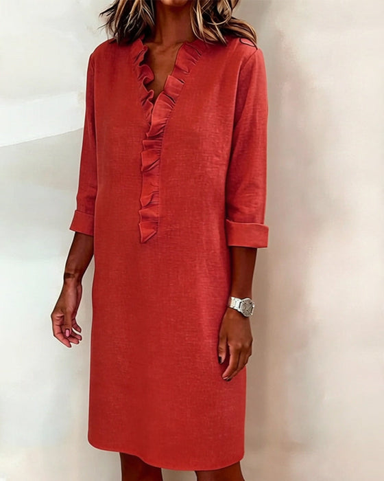 Kleid gerüscht V-Ausschnitt einfarbig