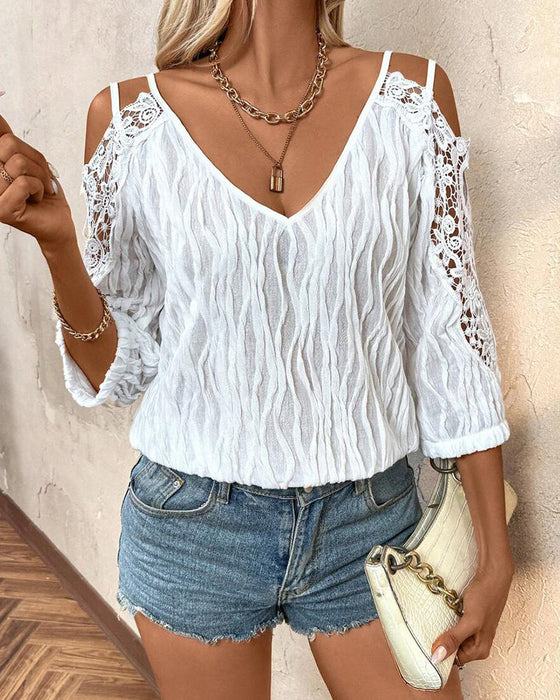 Bluse Spitze Off-Shoulder Gerafft Strukturiert