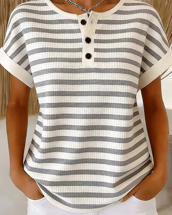T-Shirt Gestreift Waffel Henley
