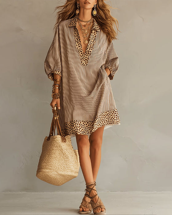 Kleid Leopardenprint Panel Puffärmel Gestreiftes Hemd