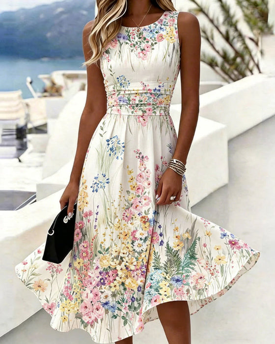 Kleid Ärmellos Blumenprint Taillenbetonend