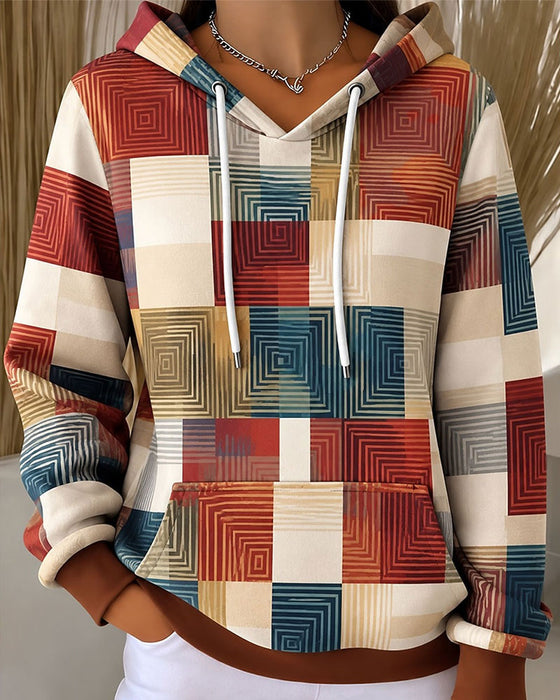 Hoodie Karo Farbblock Kordelzug