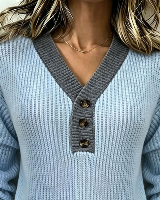 Pullover V-Ausschnitt Farbblock Knopf