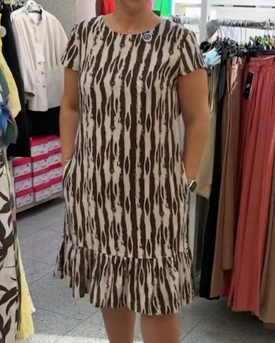 Kleid Rundhals Bedruckt Kurzarm A-Linie