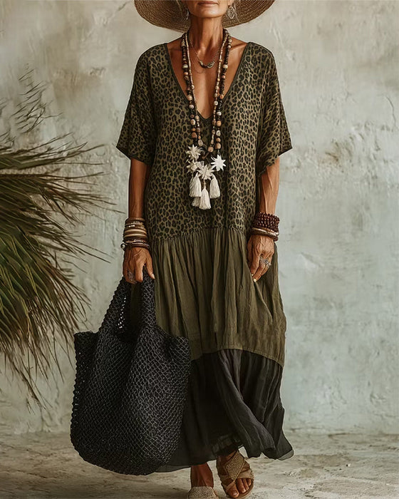 Kleid Lässig Leopardenmuster Maxi