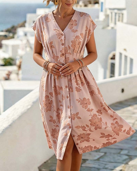 Kleid V-Ausschnitt Print Tailliert Knopfleiste