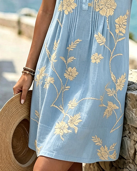 Kleid Rundhals Ärmellos Knopf Plissiert Druck