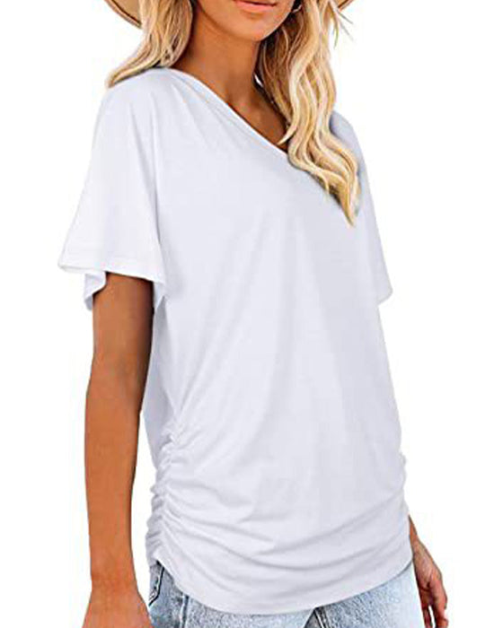 T-Shirt Plissiert Einfarbig V-Ausschnitt