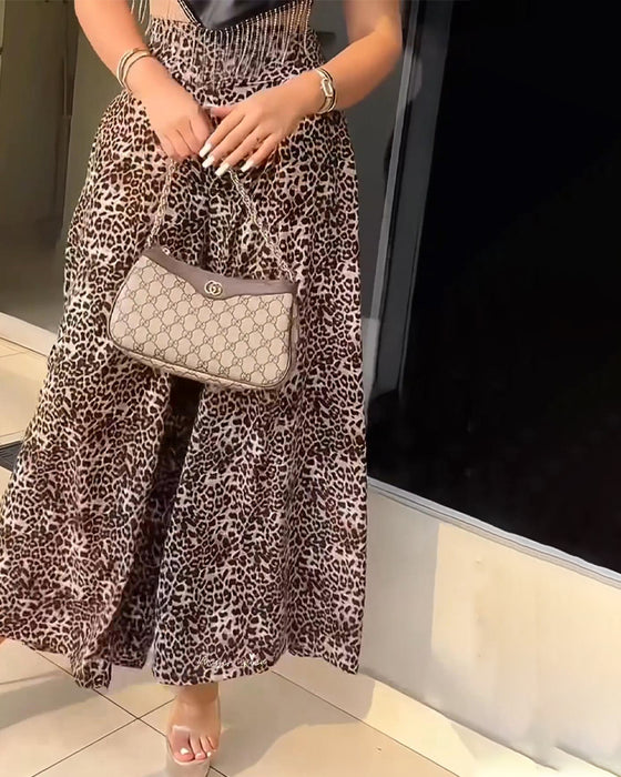 Hose Hohe Taille Weite Beine Leopardenmuster